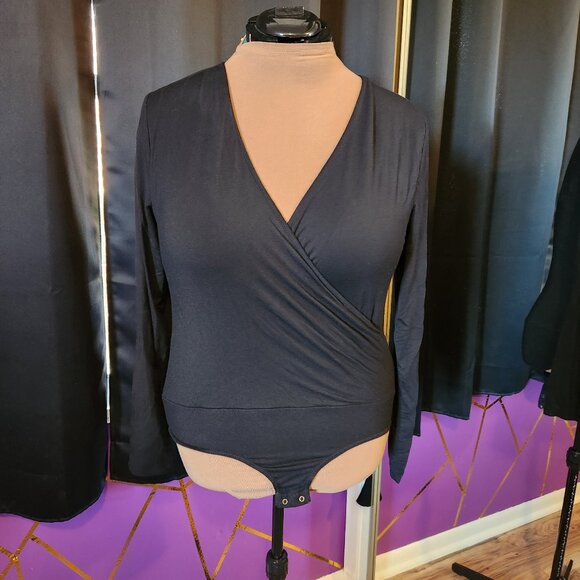 J Crew Long Sleeve Wrap Bodysuit Black XL - Picture 2 of 6